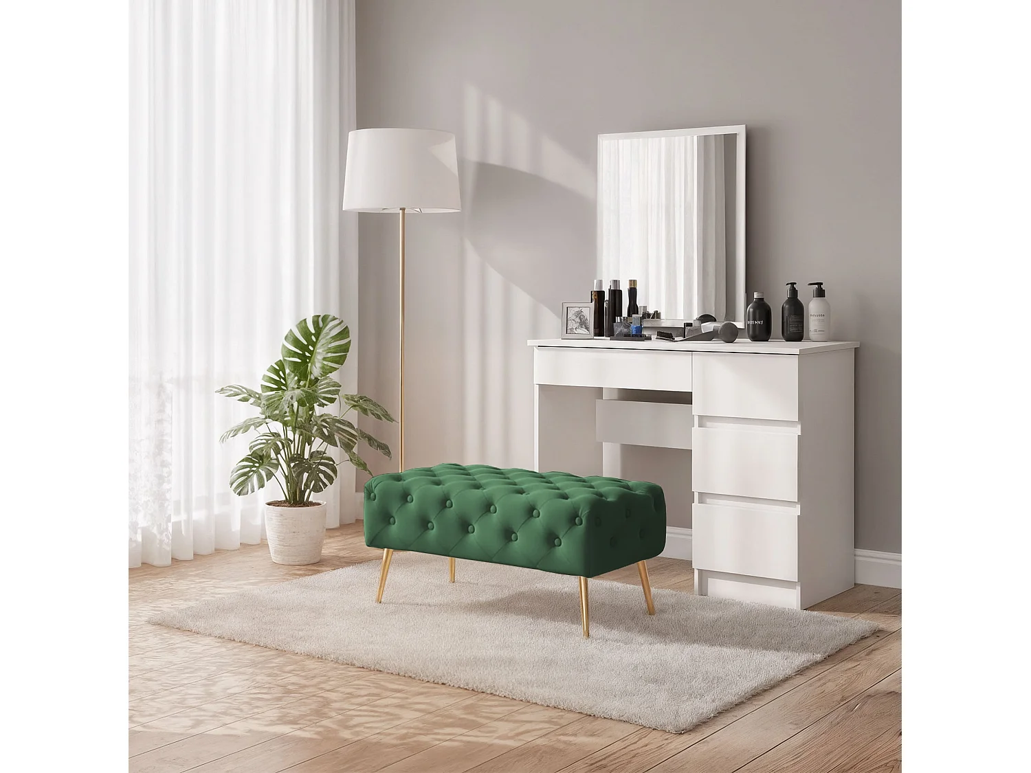Bout de lit en velours capitonné 80 cm MADRID Vert Bouteille