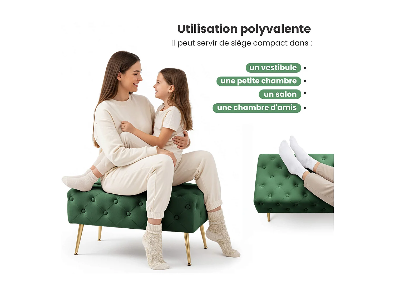 Bout de lit en velours capitonné 80 cm MADRID Vert Bouteille