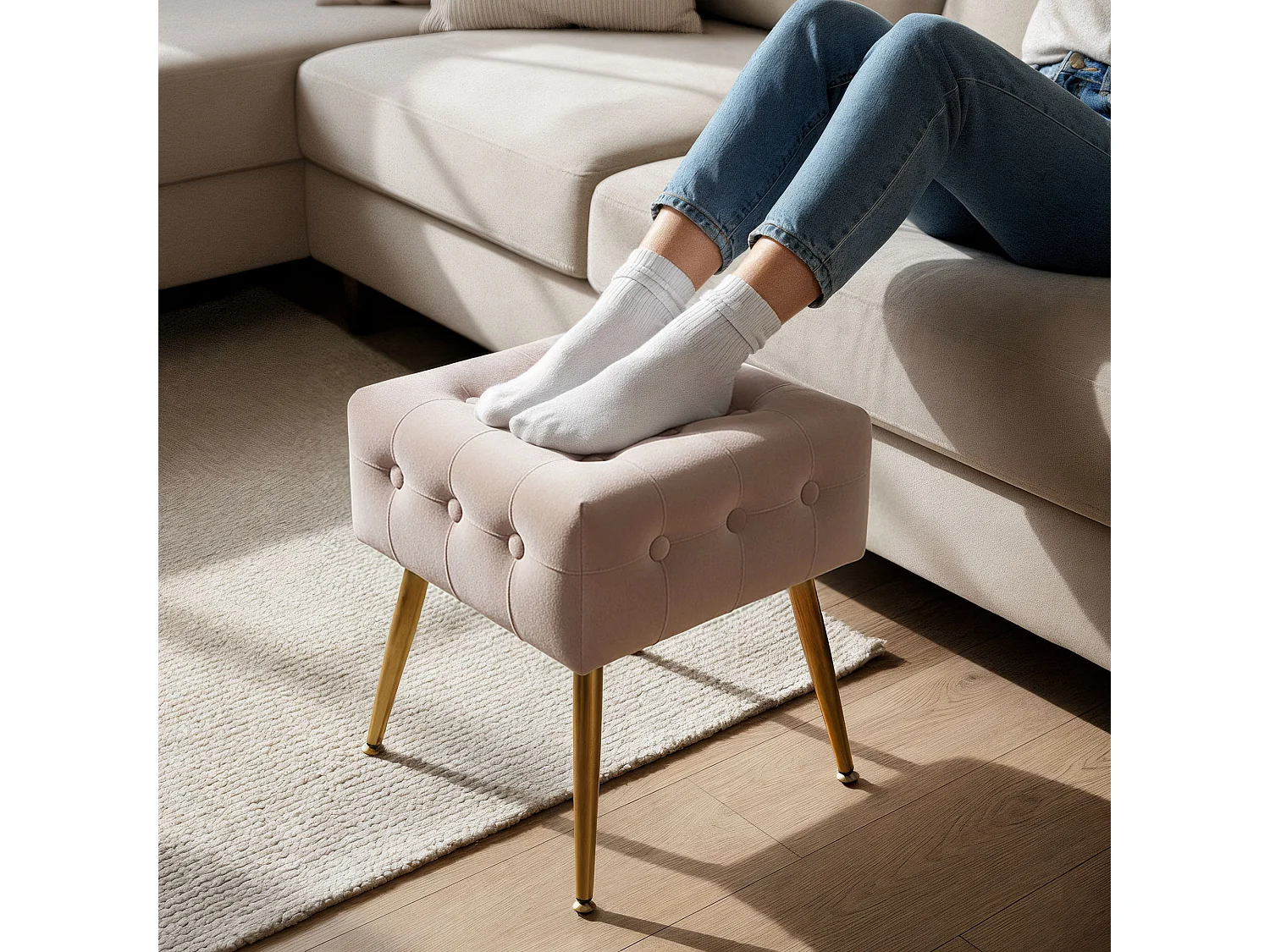 Tabouret rembourré en velours 40 cm QUADRA Rose Poudré