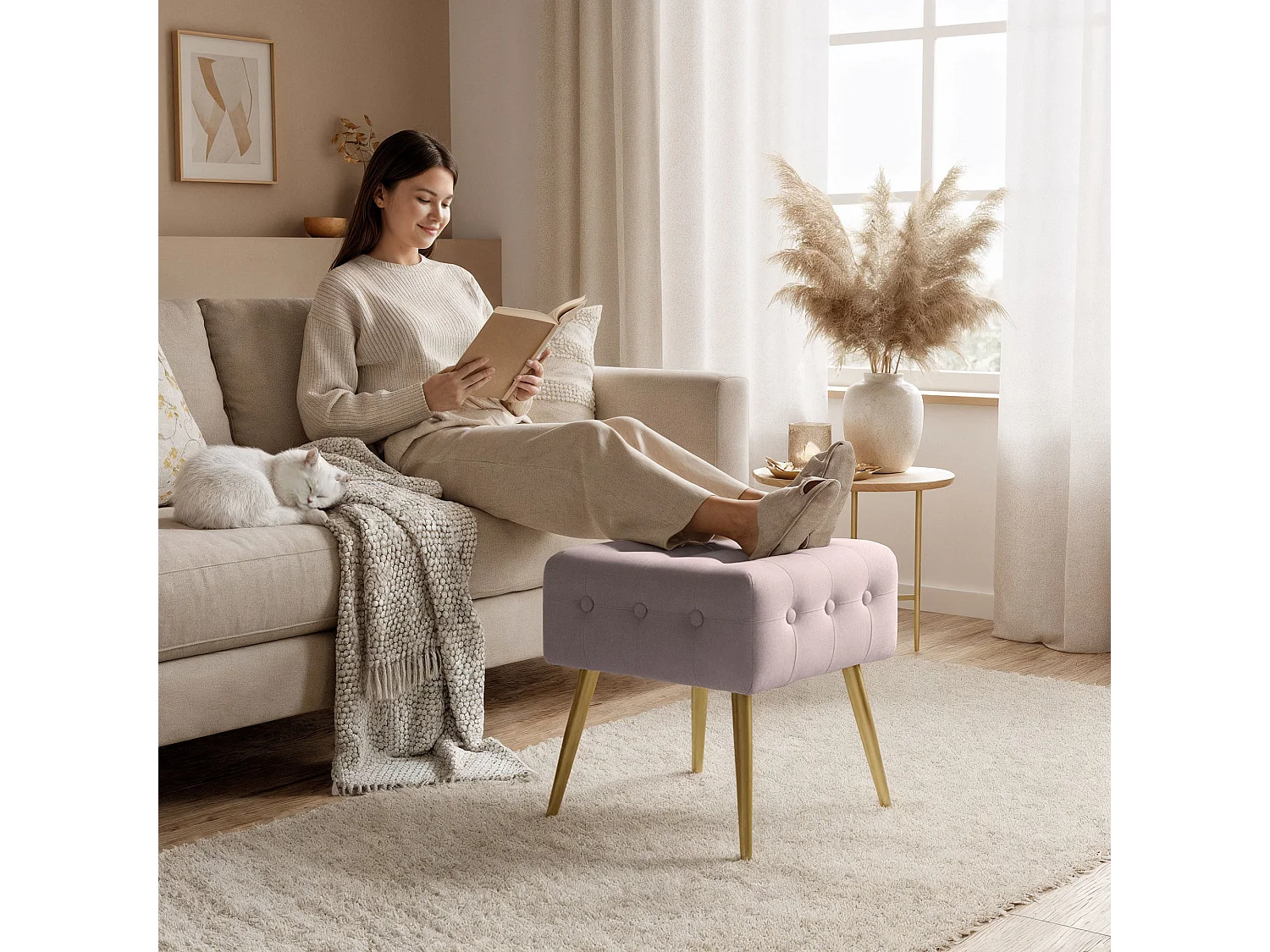 Tabouret rembourré en velours 40 cm QUADRA Rose Poudré