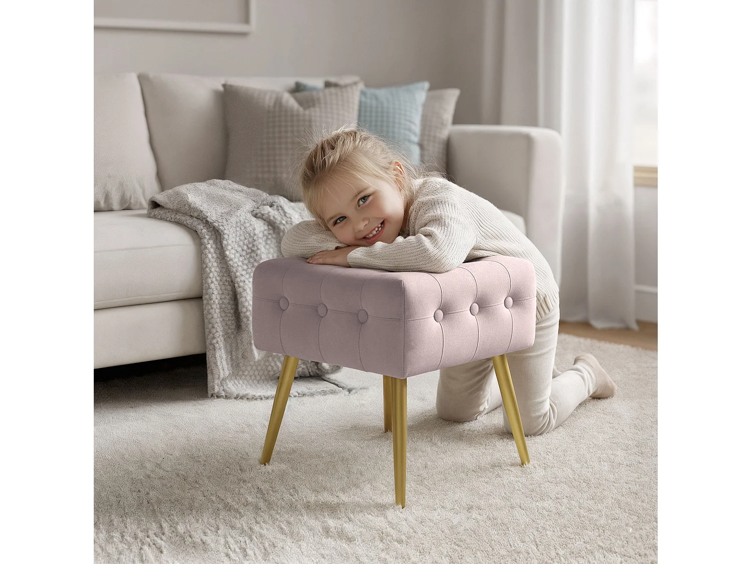 Tabouret rembourré en velours 40 cm QUADRA Rose Poudré
