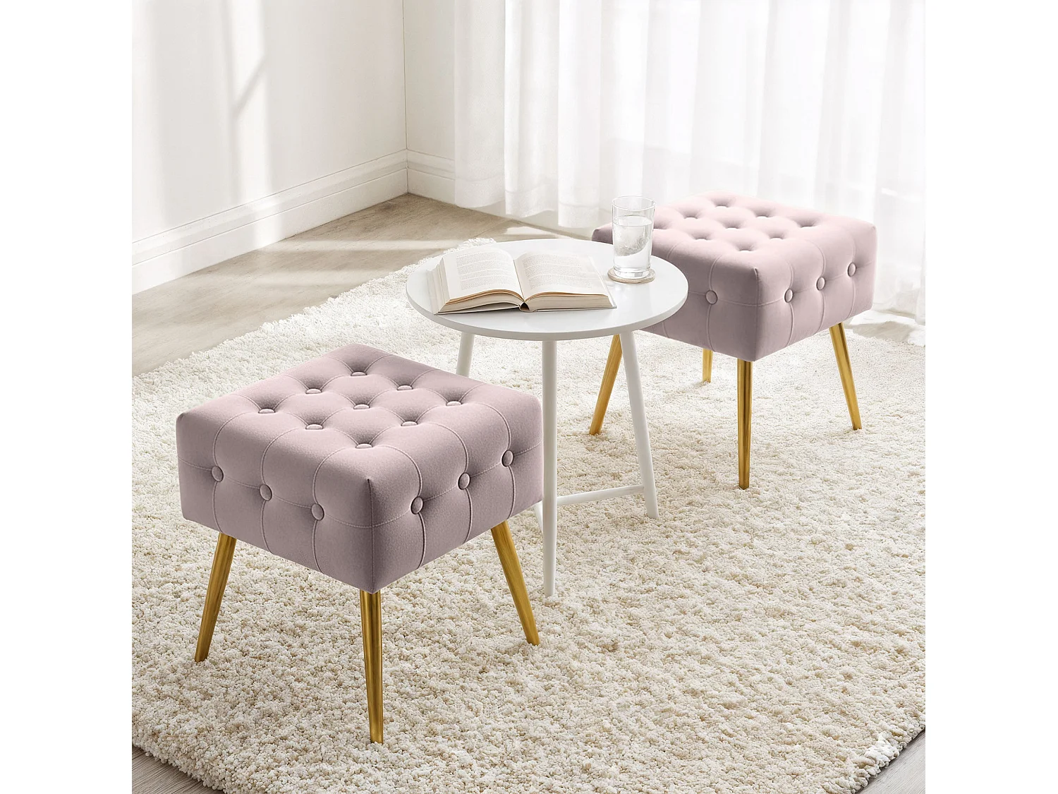 Tabouret rembourré en velours 40 cm QUADRA Rose Poudré