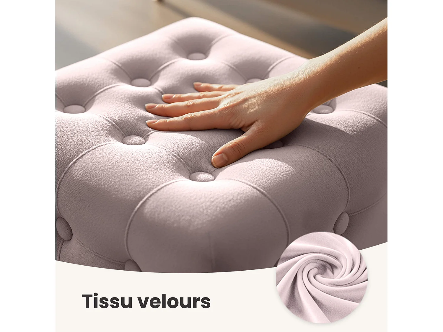 Tabouret rembourré en velours 40 cm QUADRA Rose Poudré