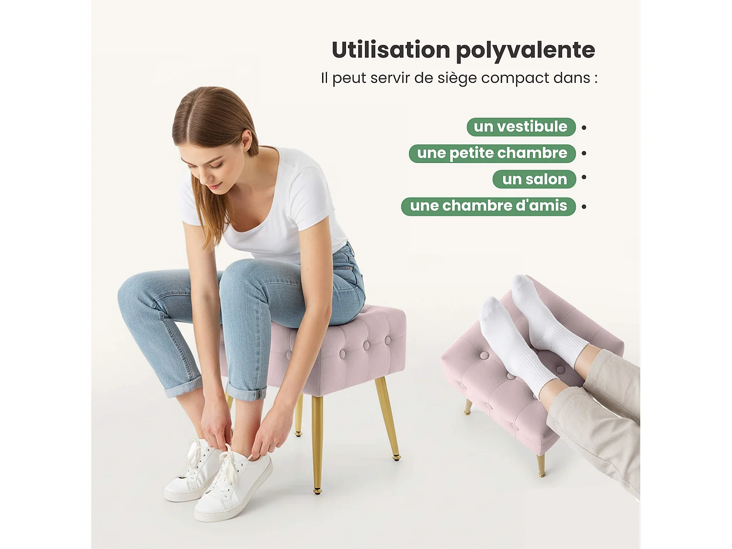 Tabouret rembourré en velours 40 cm QUADRA Rose Poudré