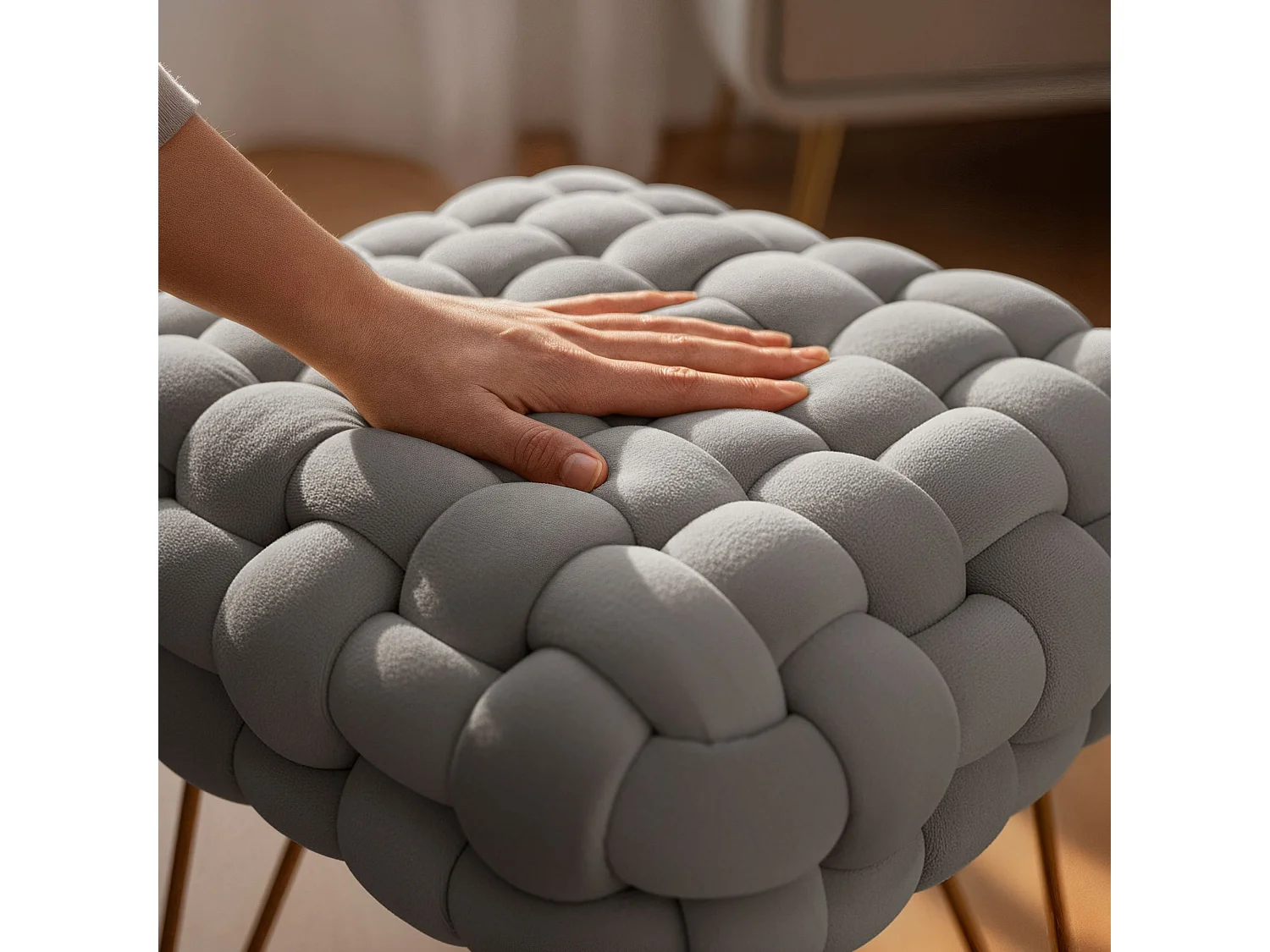 Pouf taburete de terciopelo trenzado 38 cm DOTTY Gris Claro