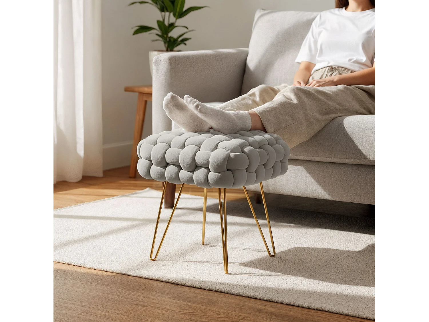 Pouf taburete de terciopelo trenzado 38 cm DOTTY Gris Claro