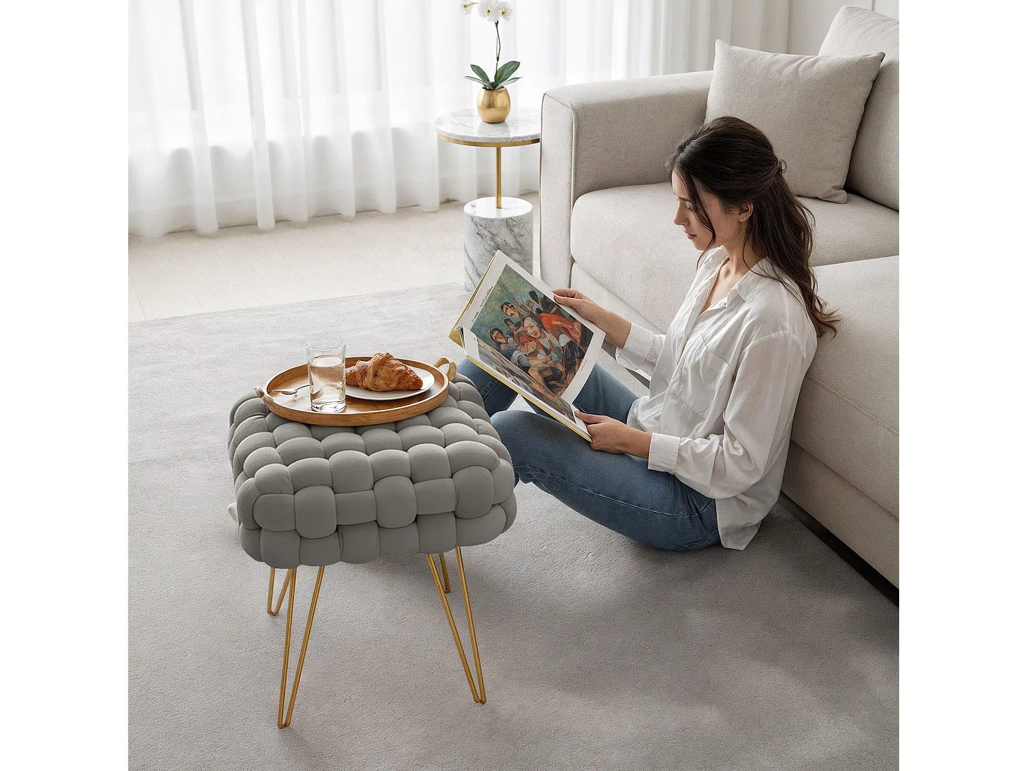 Pouf taburete de terciopelo trenzado 38 cm DOTTY Gris Claro