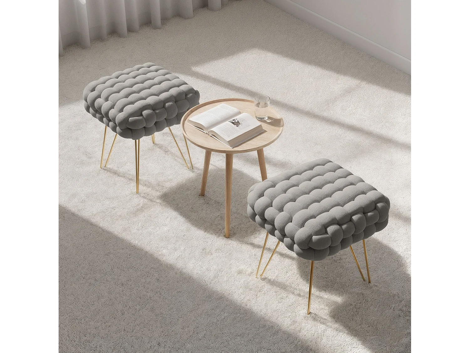 Pouf taburete de terciopelo trenzado 38 cm DOTTY Gris Claro