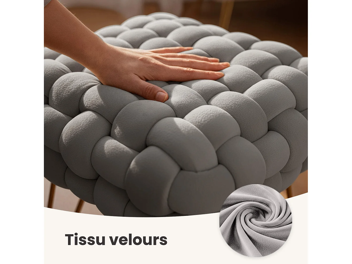Pouf taburete de terciopelo trenzado 38 cm DOTTY Gris Claro