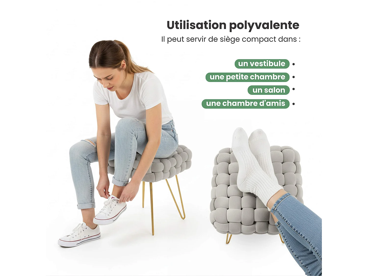 Pouf taburete de terciopelo trenzado 38 cm DOTTY Gris Claro