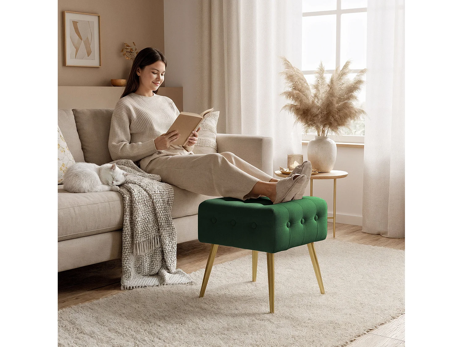 Tabouret rembourré en velours 40 cm QUADRA Vert Bouteille