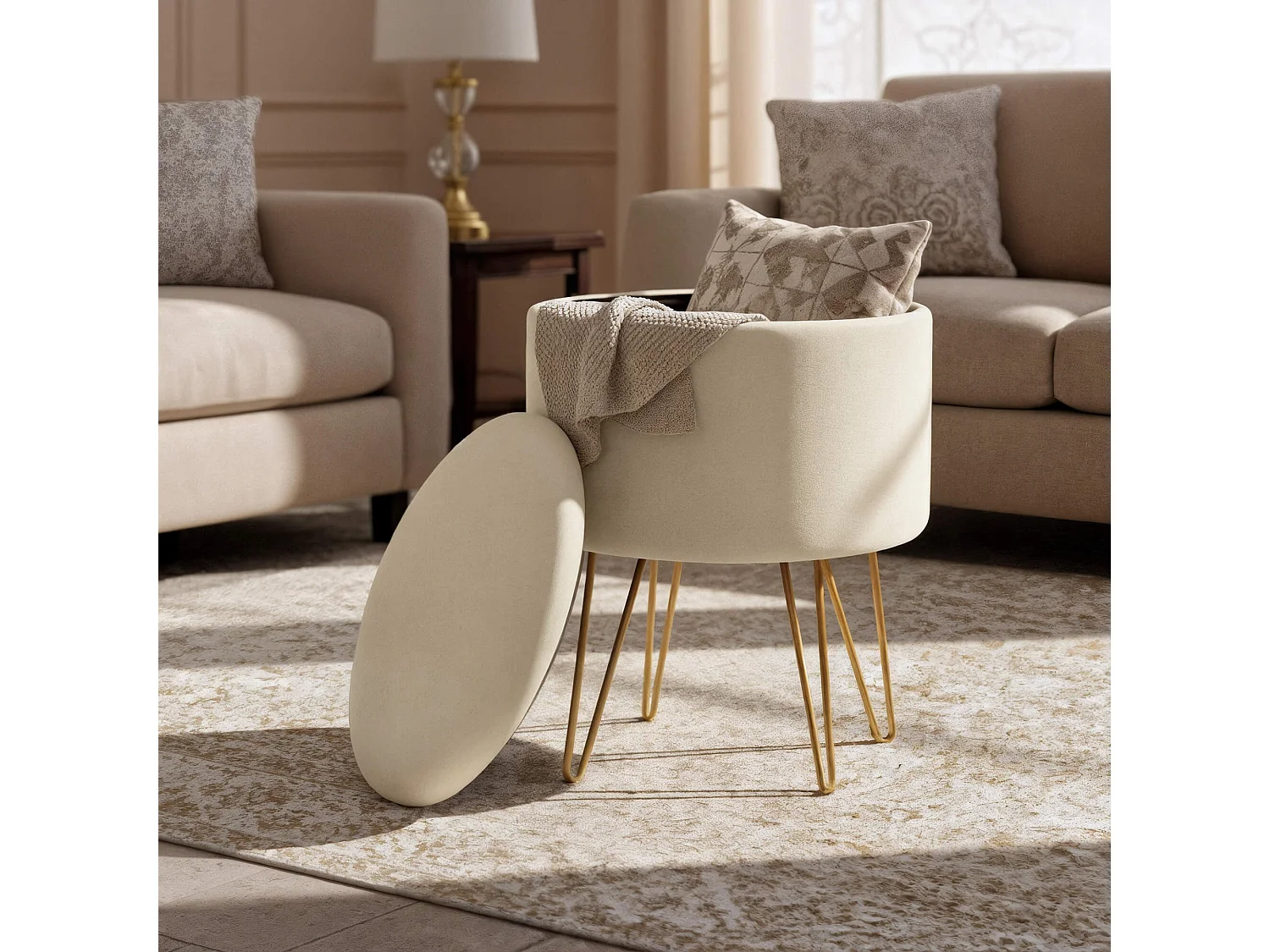 Pouf de Rangement avec Couvercle AKORD LILI velour colour Cachemire hauteur 45 cm