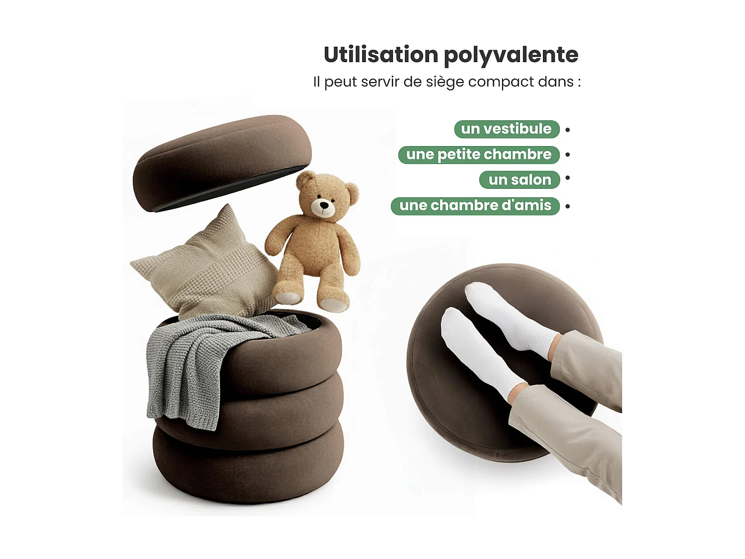 Tabouret en velours avec rangement 42 cm SNUGGO Marron