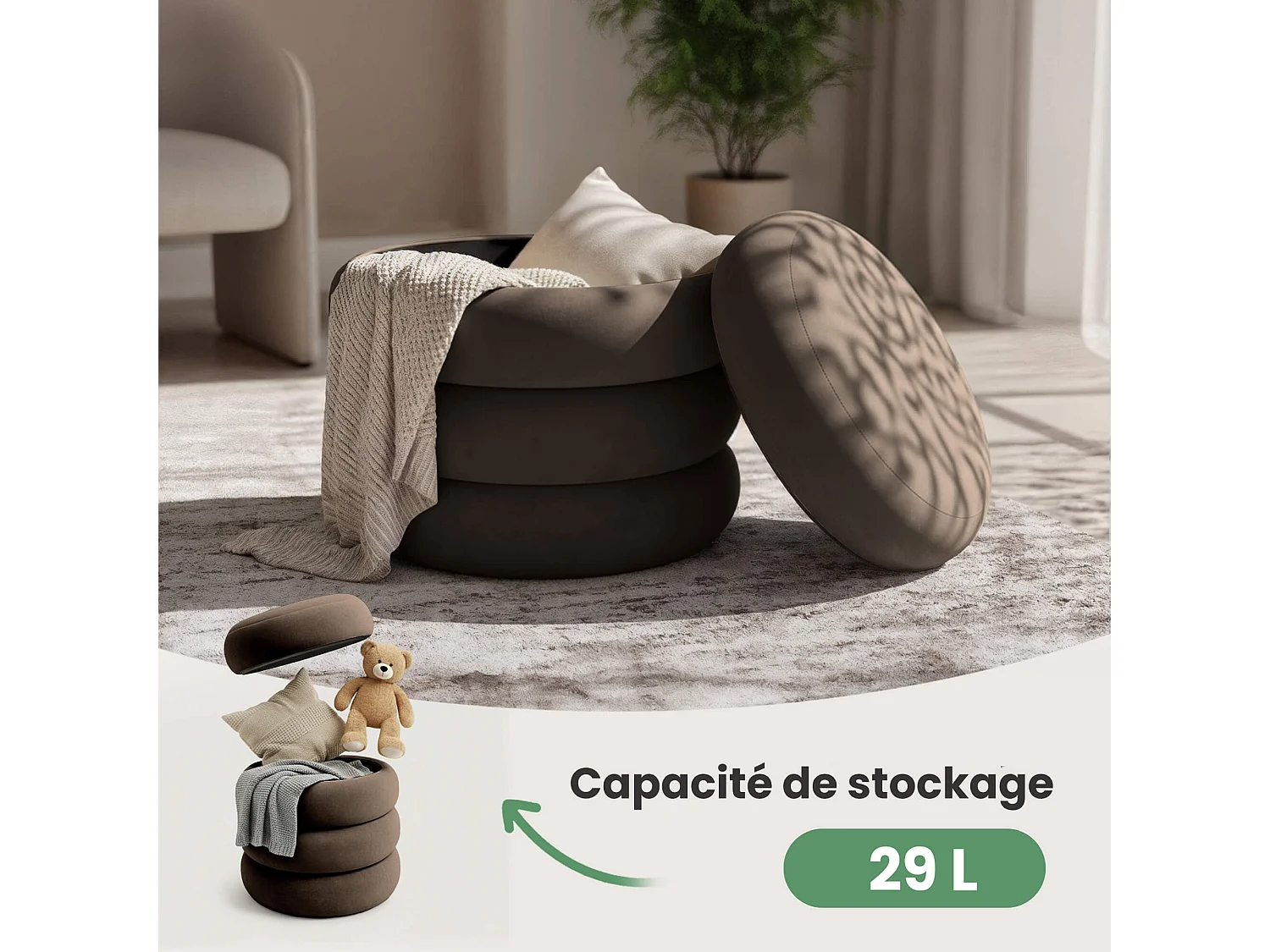 Tabouret en velours avec rangement 42 cm SNUGGO Marron