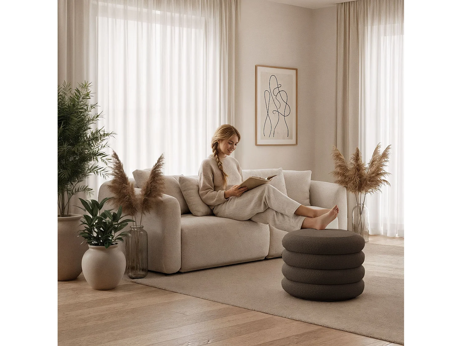 Pouf contenedor cilíndrico en tejido teddy 55 cm MOLLIS Bronce