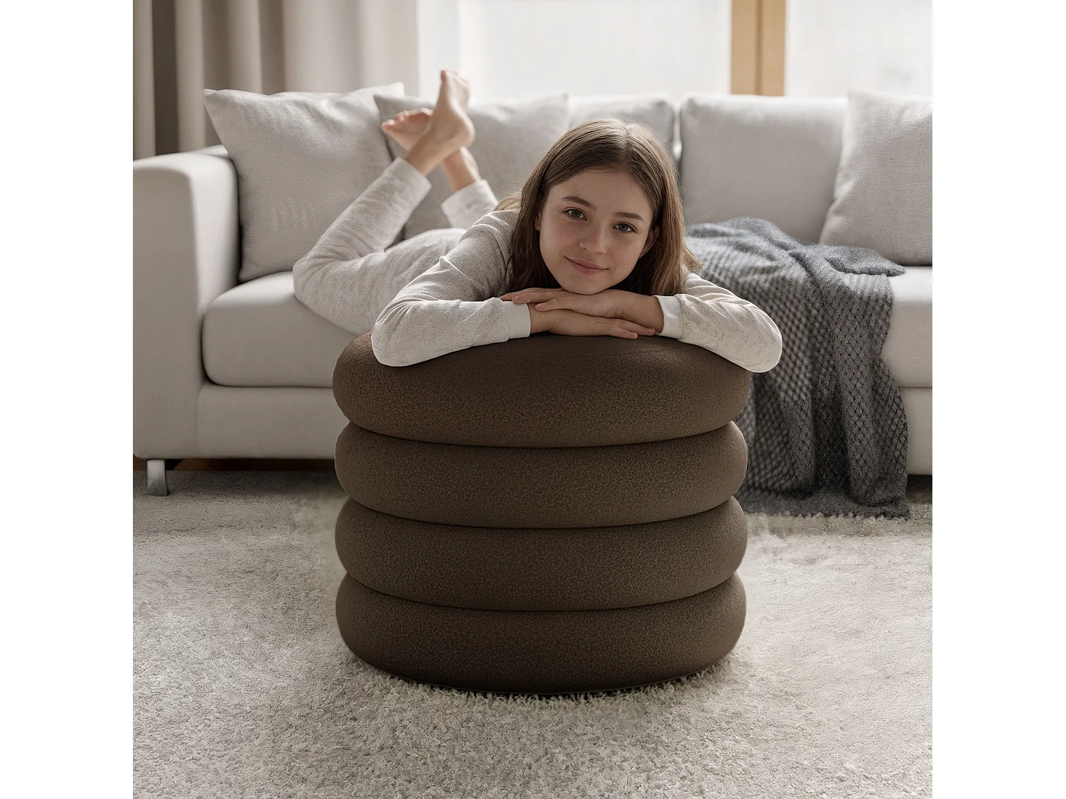 Pouf contenedor cilíndrico en tejido teddy 55 cm MOLLIS Bronce