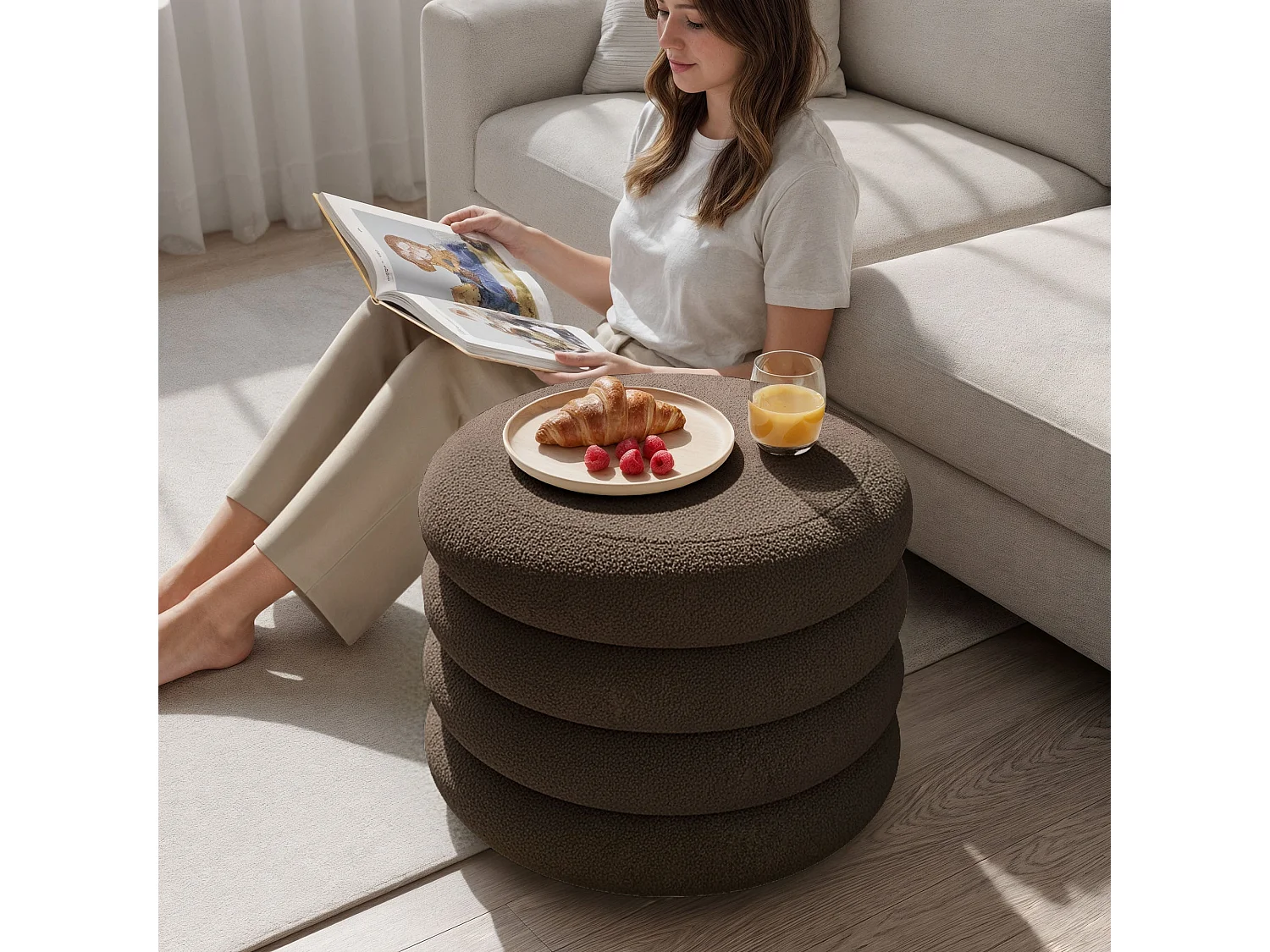 Pouf contenedor cilíndrico en tejido teddy 55 cm MOLLIS Bronce