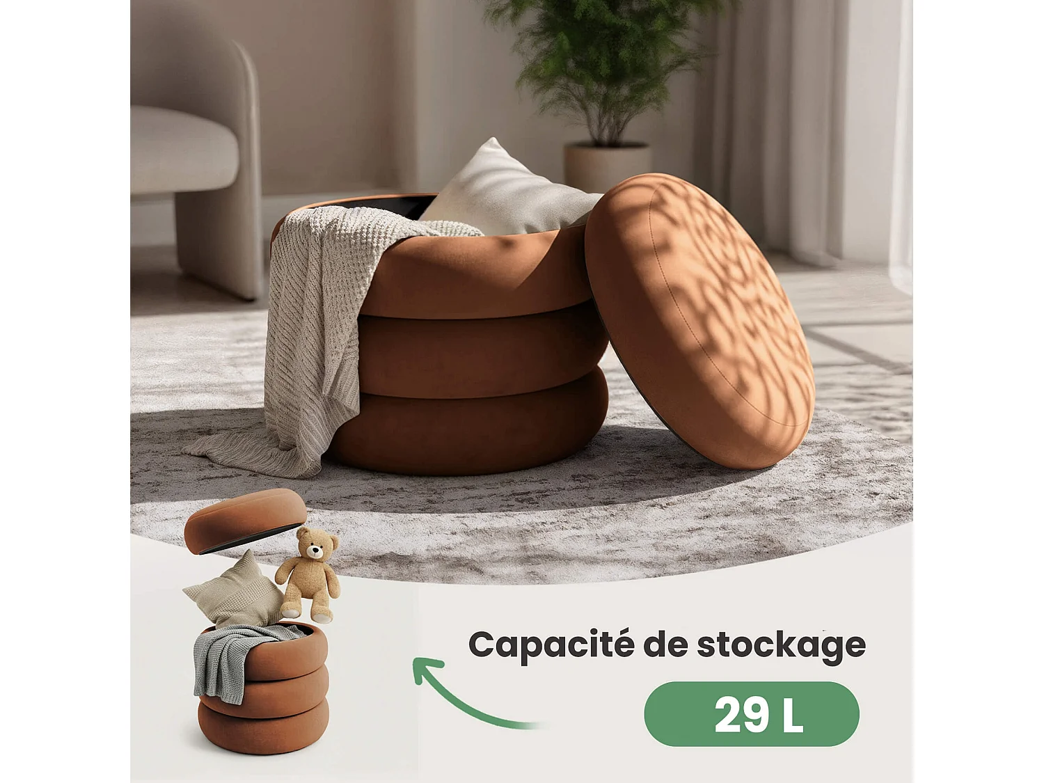 Tabouret en velours avec rangement 42 cm SNUGGO Cuivre
