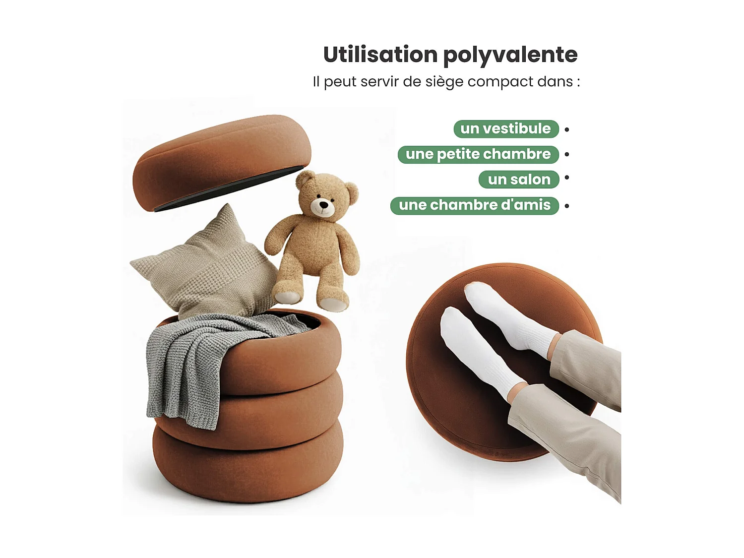 Tabouret en velours avec rangement 42 cm SNUGGO Cuivre