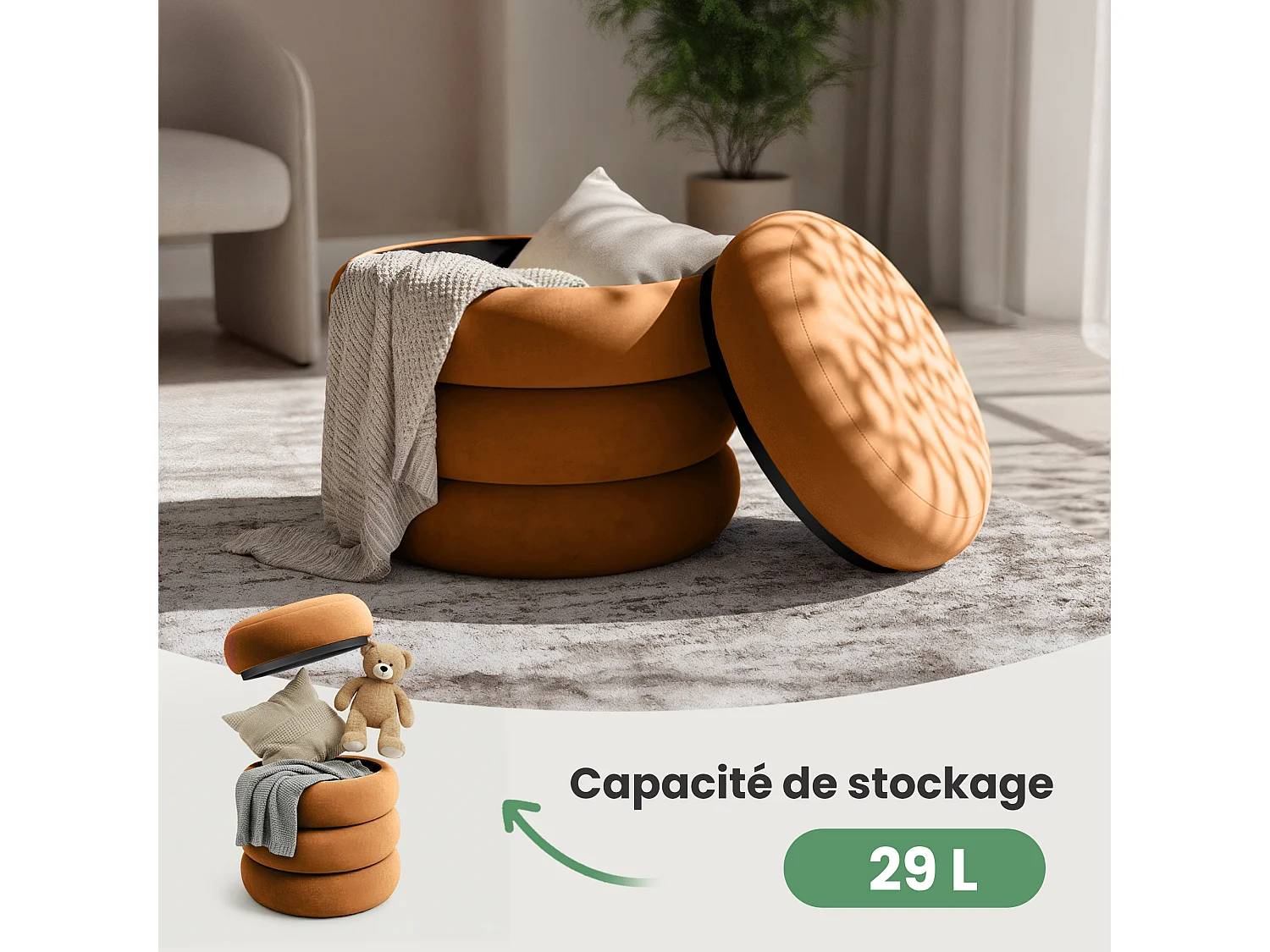 Pouf contenitore cilindrico in velluto 42 cm SNUGGO Ruggine