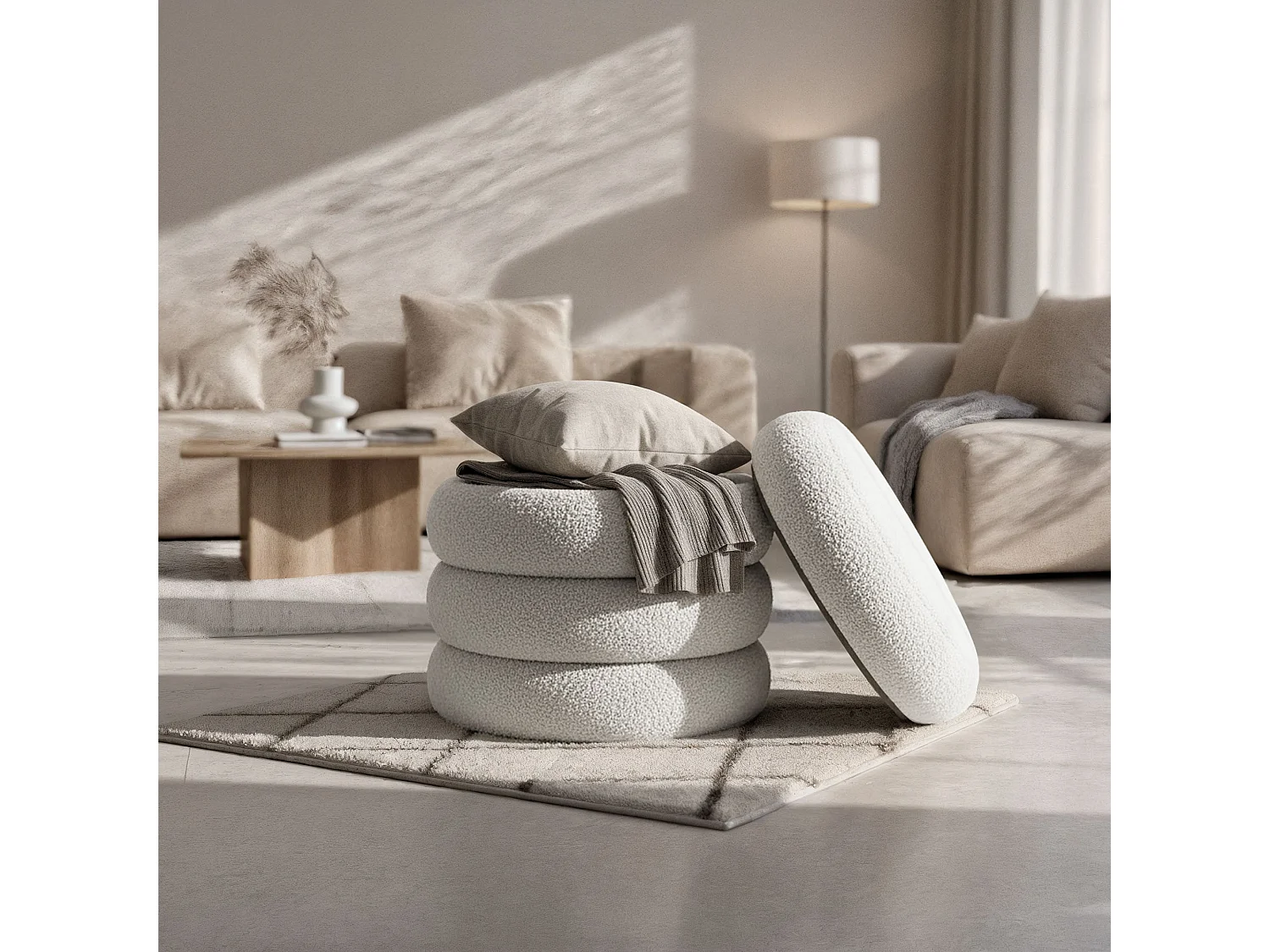 Pouf contenitore cilindrico in tessuto teddy 42 cm SNUGGO Bianco Nebbia