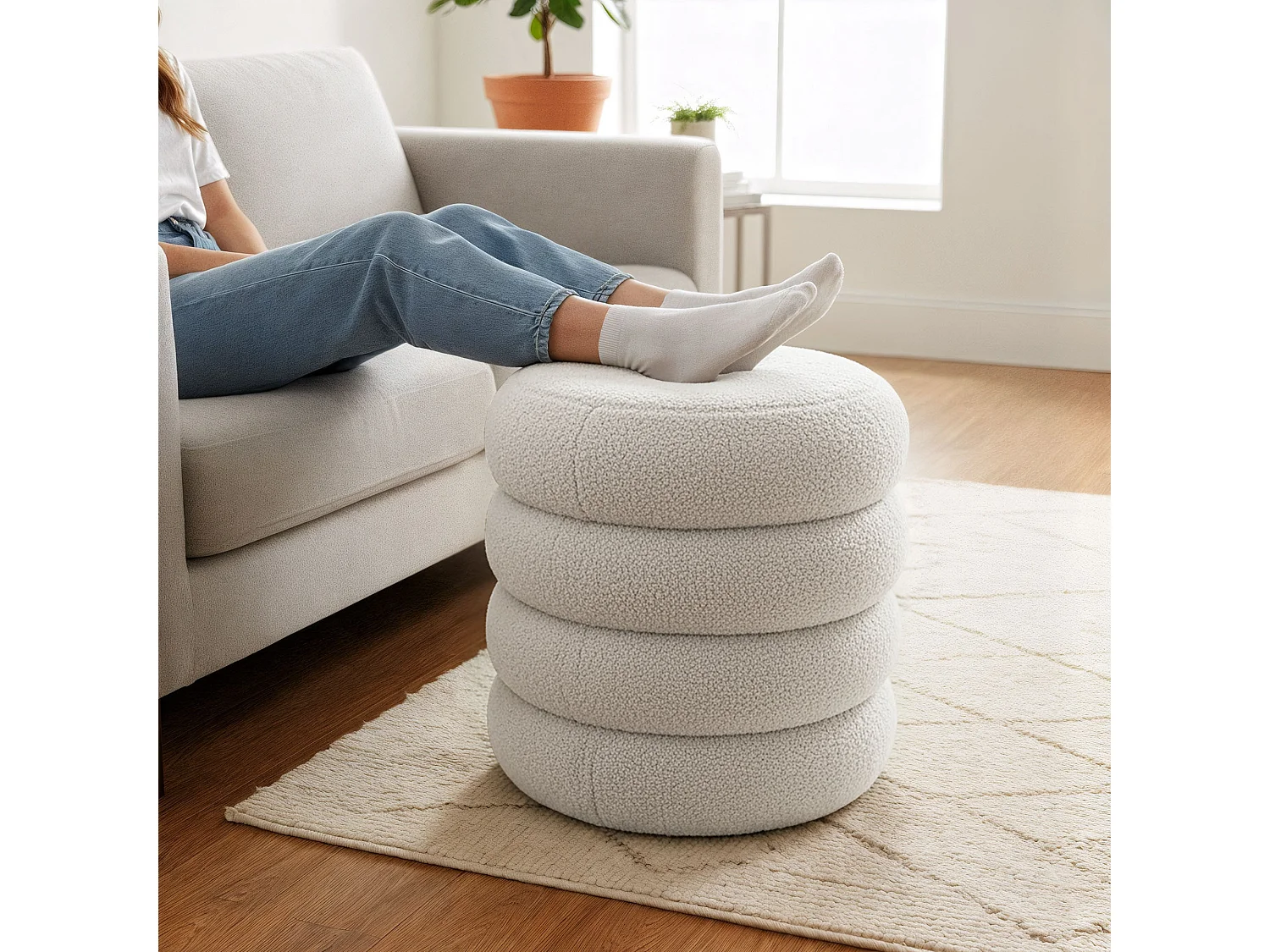 Pouf contenitore cilindrico in tessuto teddy 42 cm SNUGGO Bianco Nebbia