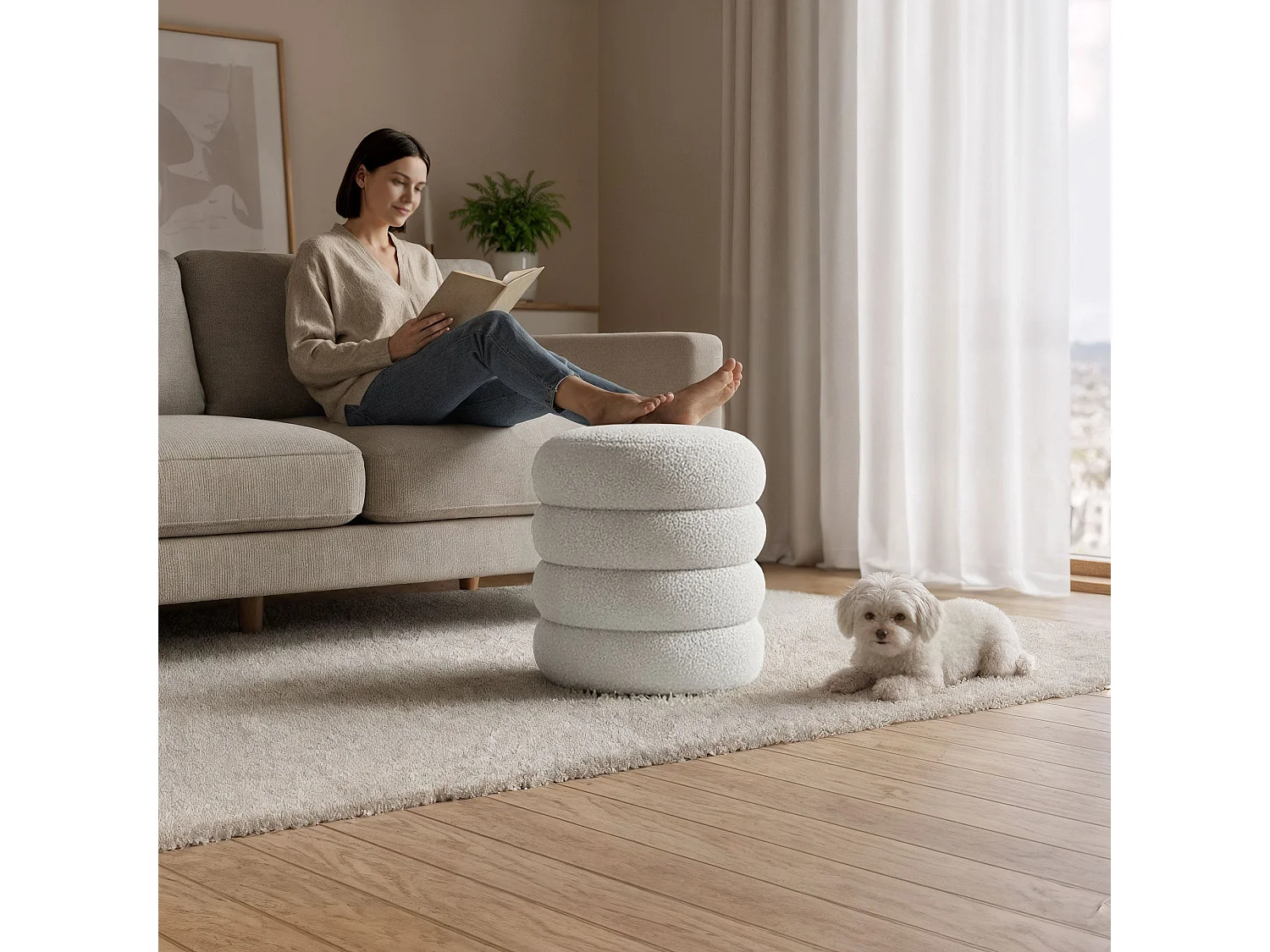 Tabouret en tissu teddy avec rangement 42 cm SNUGGO Blanc Brumeux