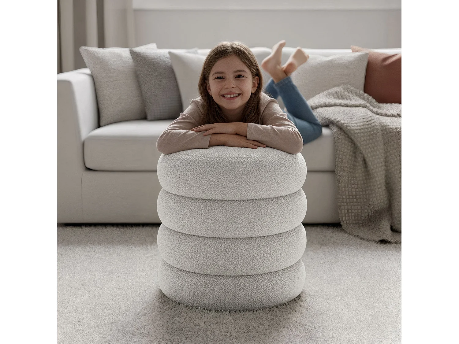 Tabouret en tissu teddy avec rangement 42 cm SNUGGO Blanc Brumeux