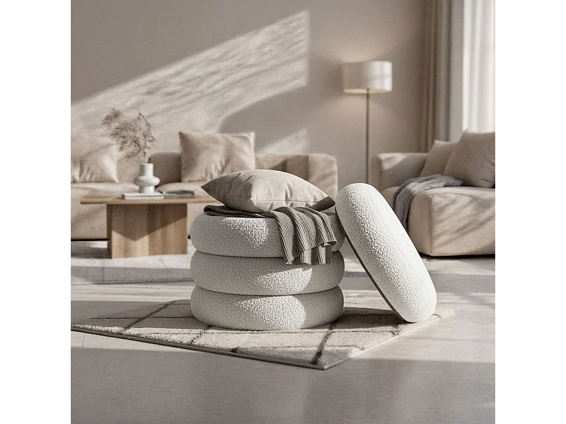 Tabouret en tissu teddy avec rangement 42 cm SNUGGO Blanc Brumeux