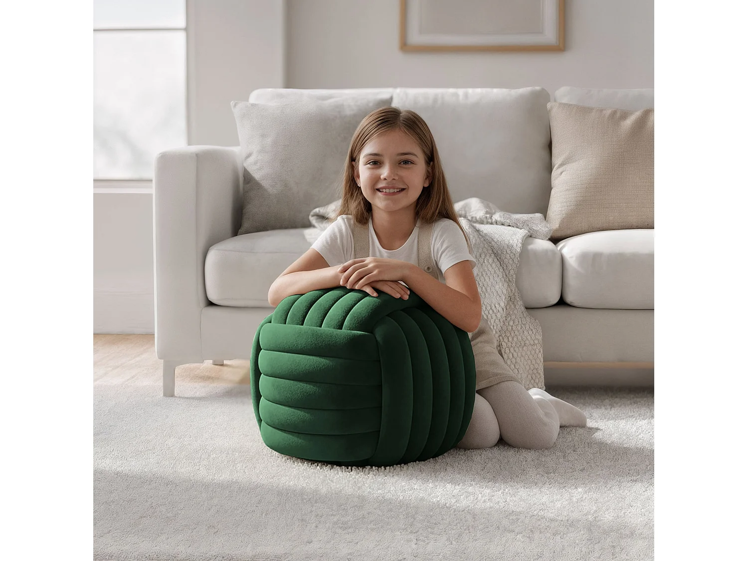 Pouf tressé en velours 53 cm NILO Vert Bouteille