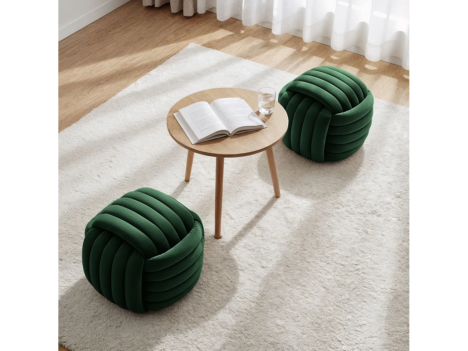 Pouf tressé en velours 53 cm NILO Vert Bouteille