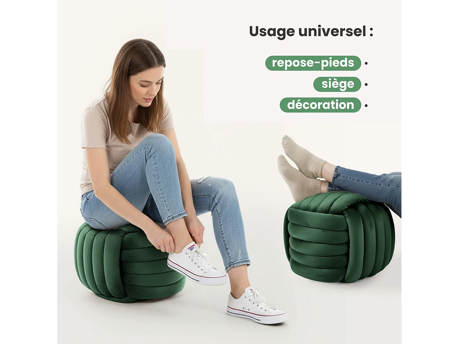 Pouf tressé en velours 53 cm NILO Vert Bouteille