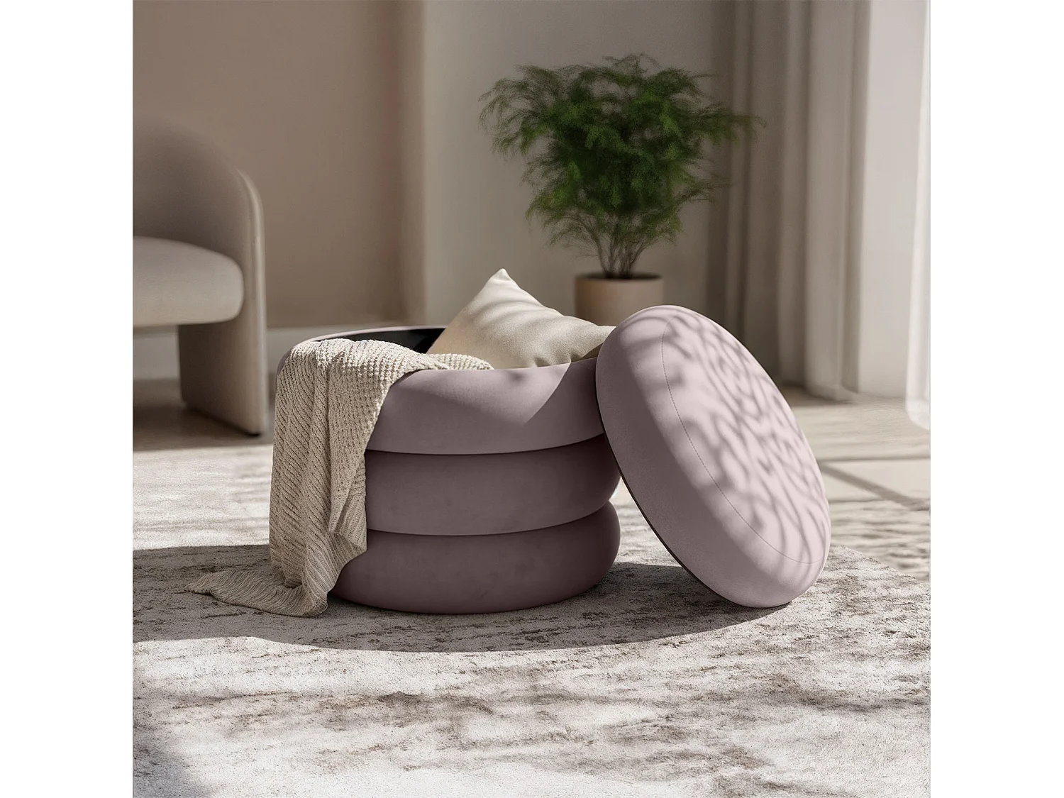 Tabouret en velours avec rangement 42 cm SNUGGO Rose Poudré