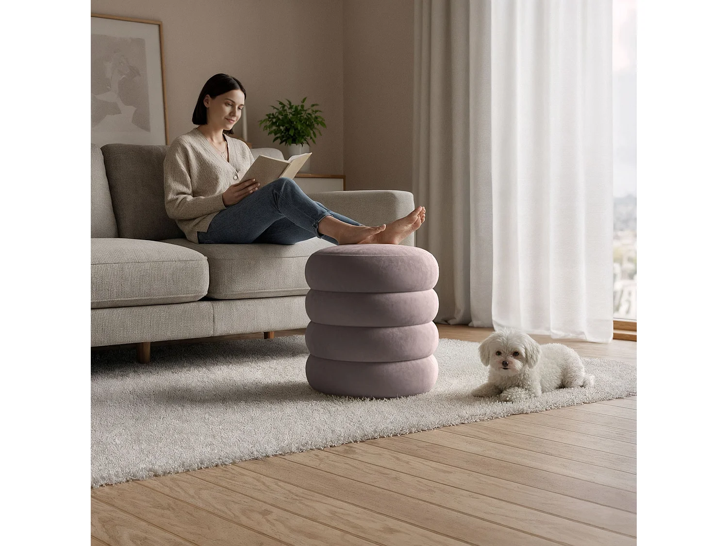 Tabouret en velours avec rangement 42 cm SNUGGO Rose Poudré