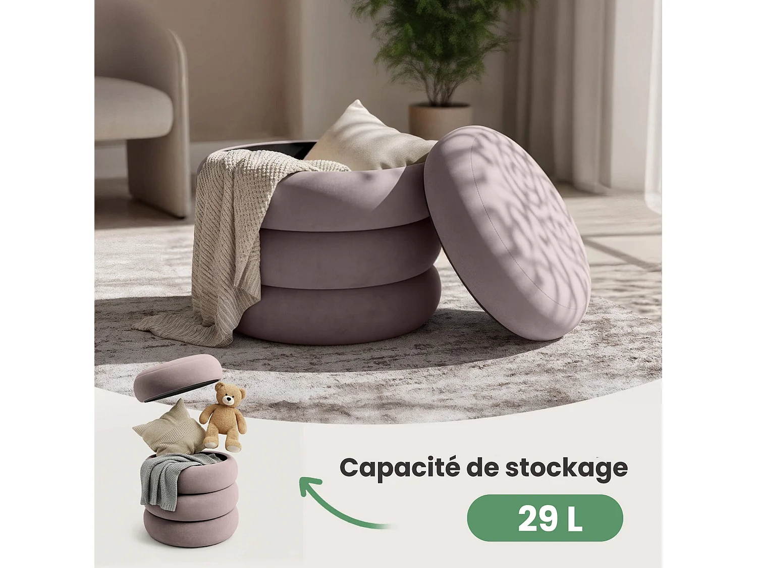 Pouf contenitore cilindrico in velluto 42 cm SNUGGO Rosa Polvere
