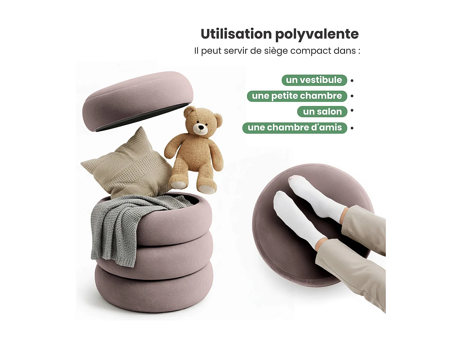 Pouf contenitore cilindrico in velluto 42 cm SNUGGO Rosa Polvere