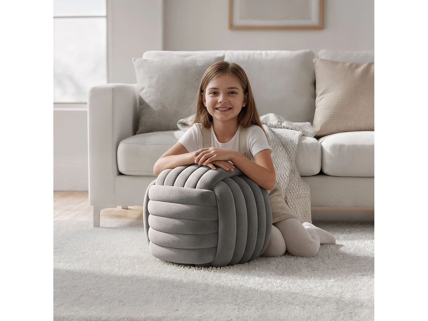 Pouf tressé en velours 53 cm NILO Gris Clair