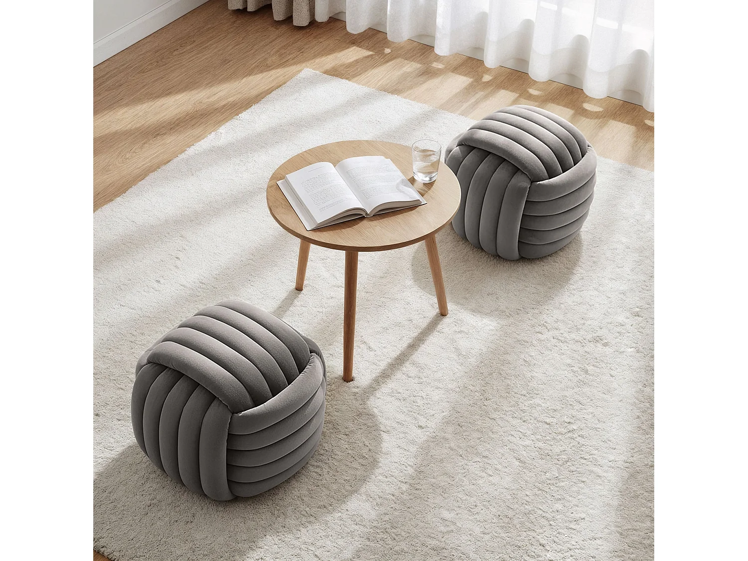 Pouf tressé en velours 53 cm NILO Gris Clair
