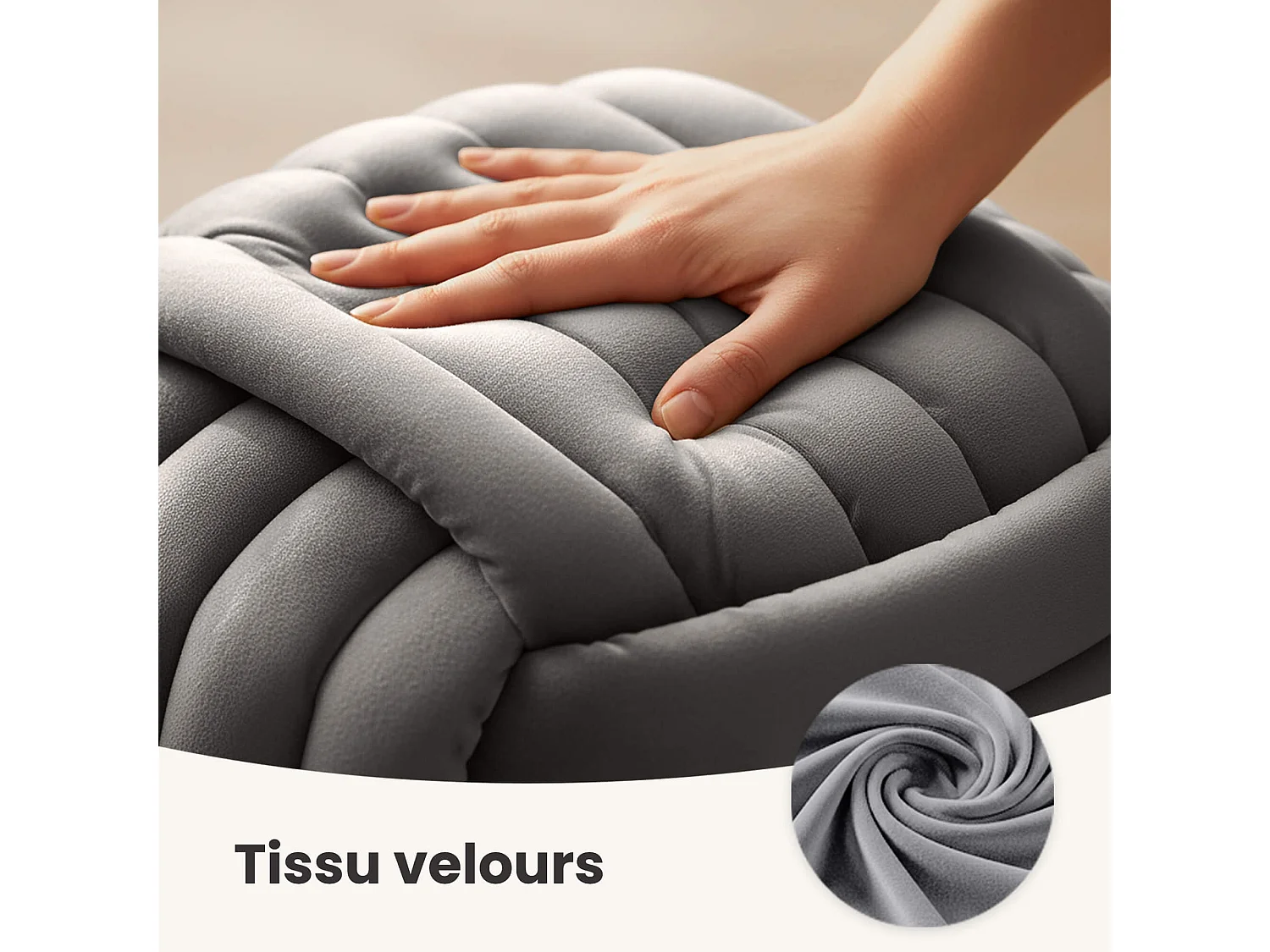 Pouf tressé en velours 53 cm NILO Gris Clair