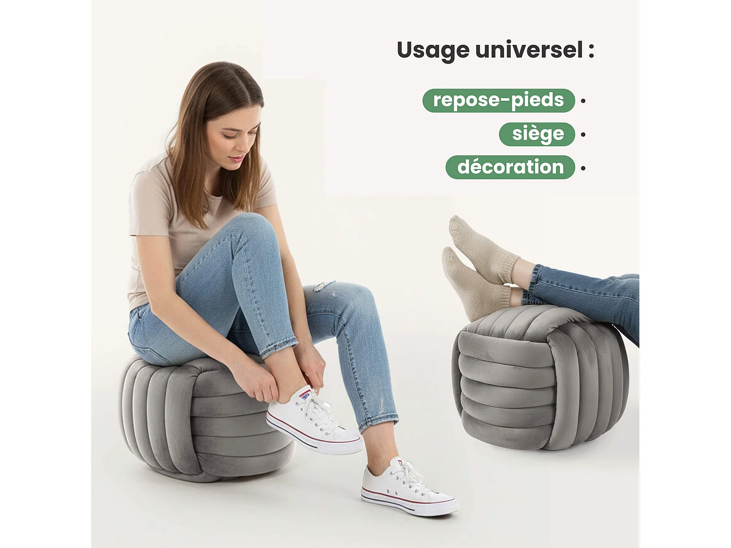 Pouf tressé en velours 53 cm NILO Gris Clair