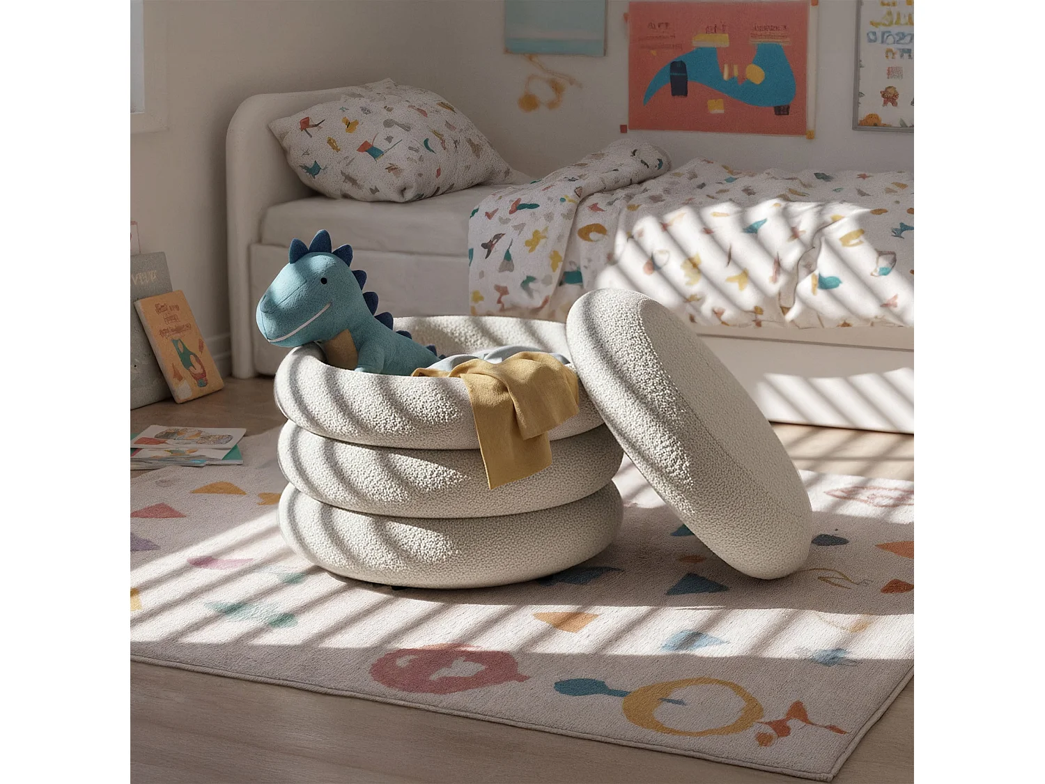 Pouf contenedor cilíndrico en tejido teddy 55 cm MOLLIS Blanco Niebla