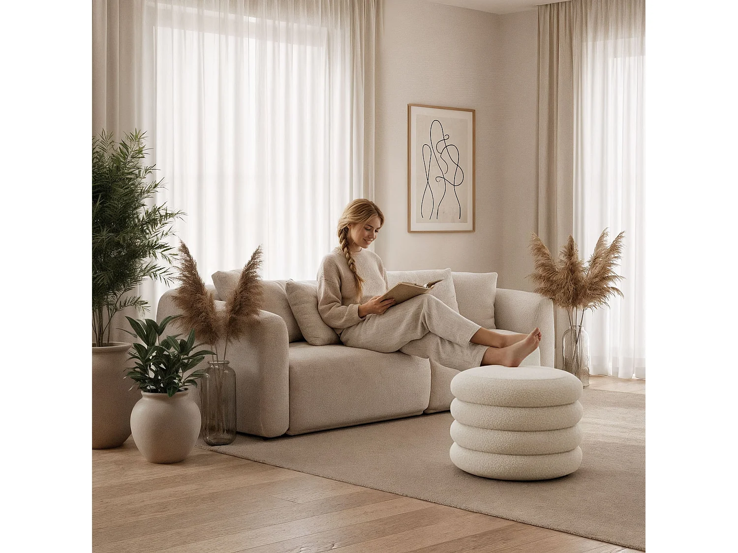 Pouf contenedor cilíndrico en tejido teddy 55 cm MOLLIS Blanco Niebla