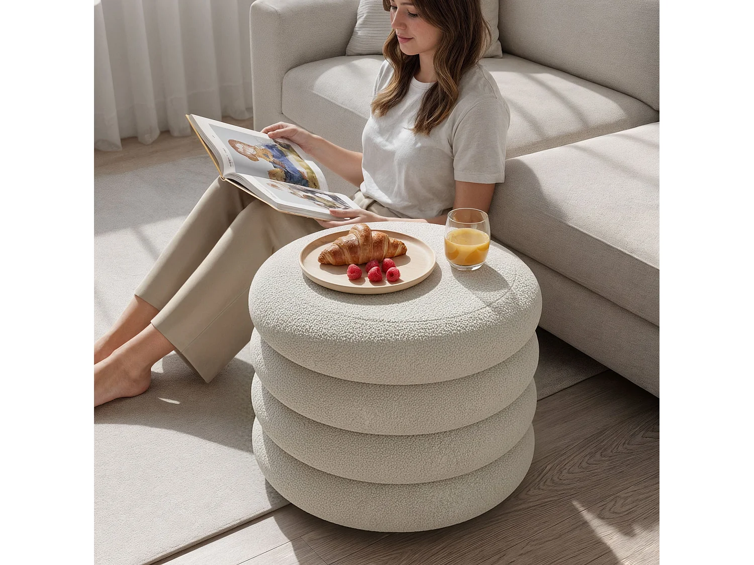 Pouf contenedor cilíndrico en tejido teddy 55 cm MOLLIS Blanco Niebla