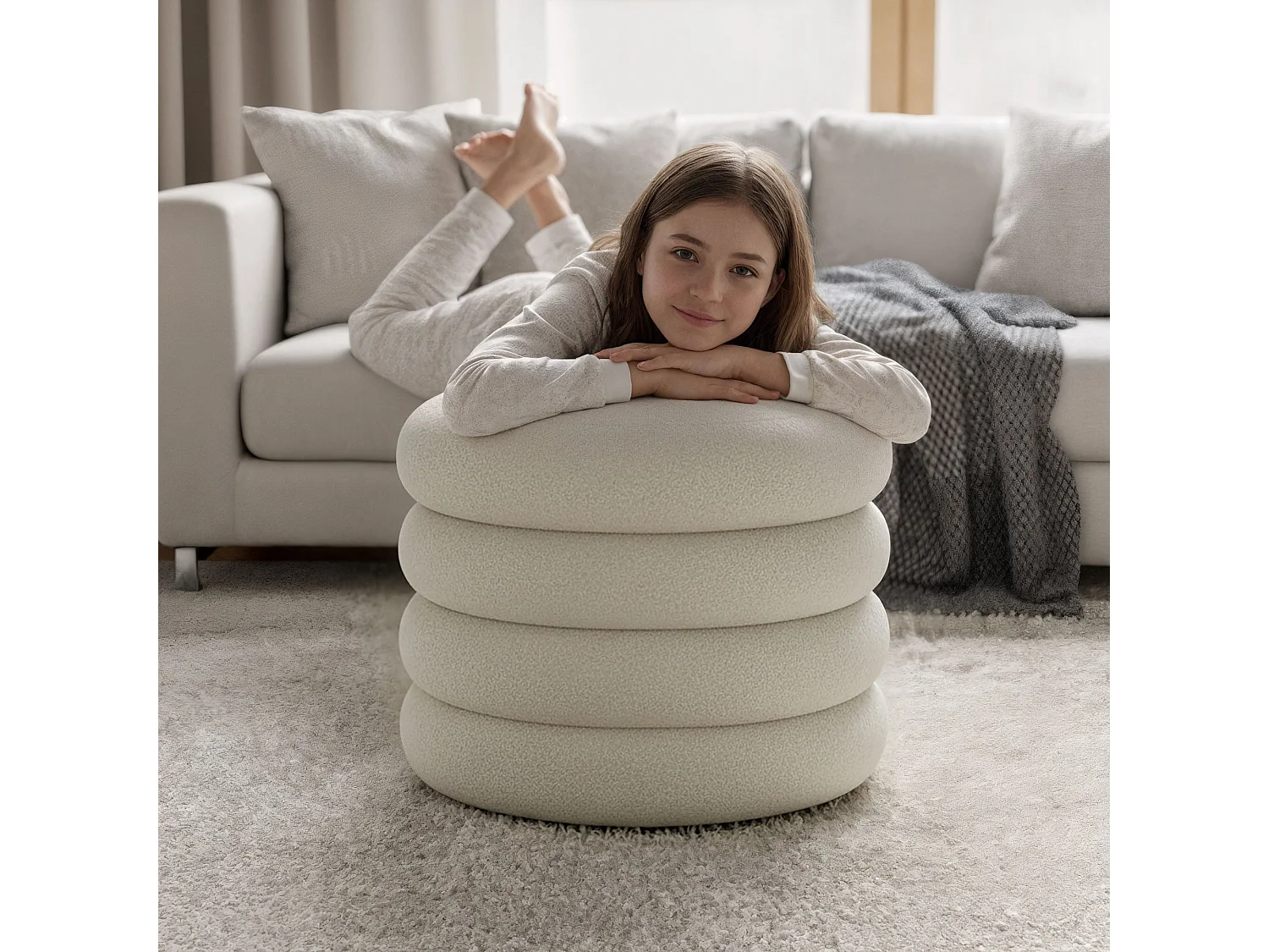 Tabouret en tissu teddy avec rangement 55 cm MOLLIS Blanc Brumeux