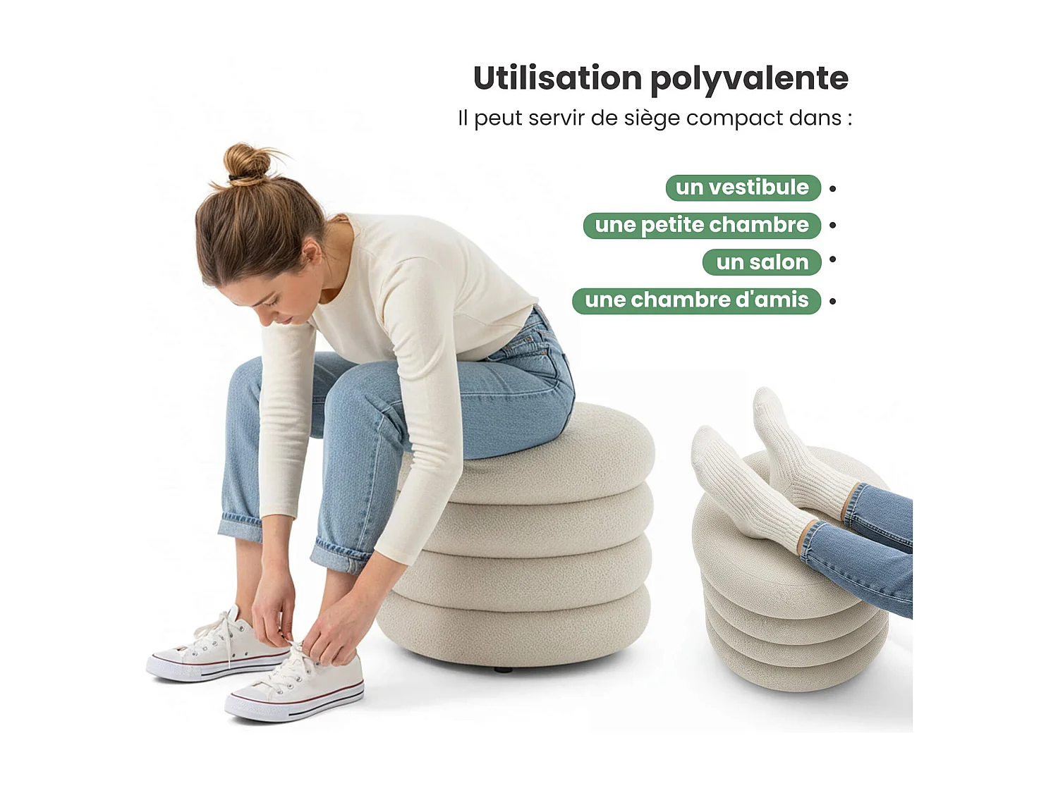 Tabouret en tissu teddy avec rangement 55 cm MOLLIS Blanc Brumeux