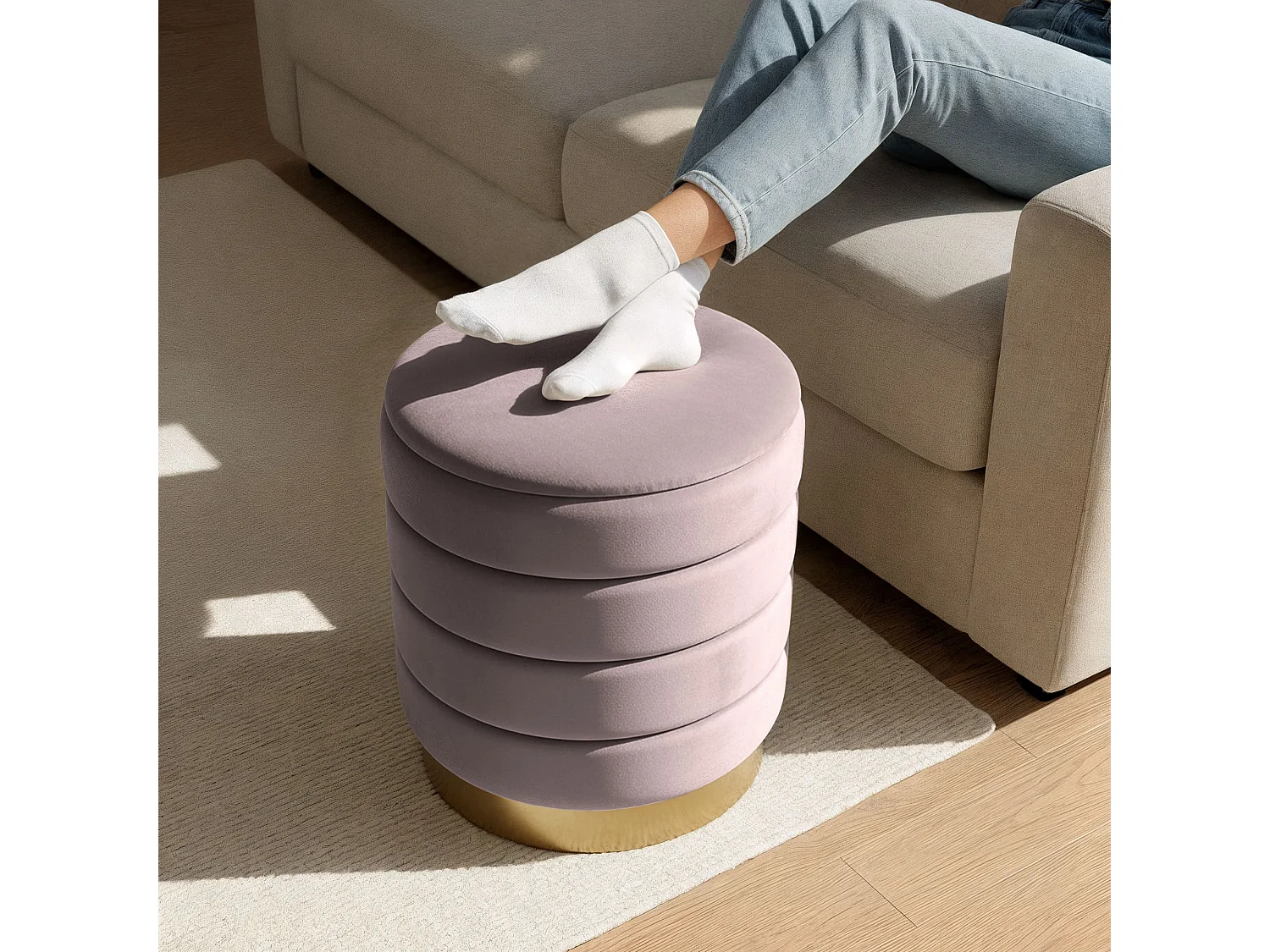 Pouf contenitore cilindrico in velluto 40 cm LUNA Rosa Polvere