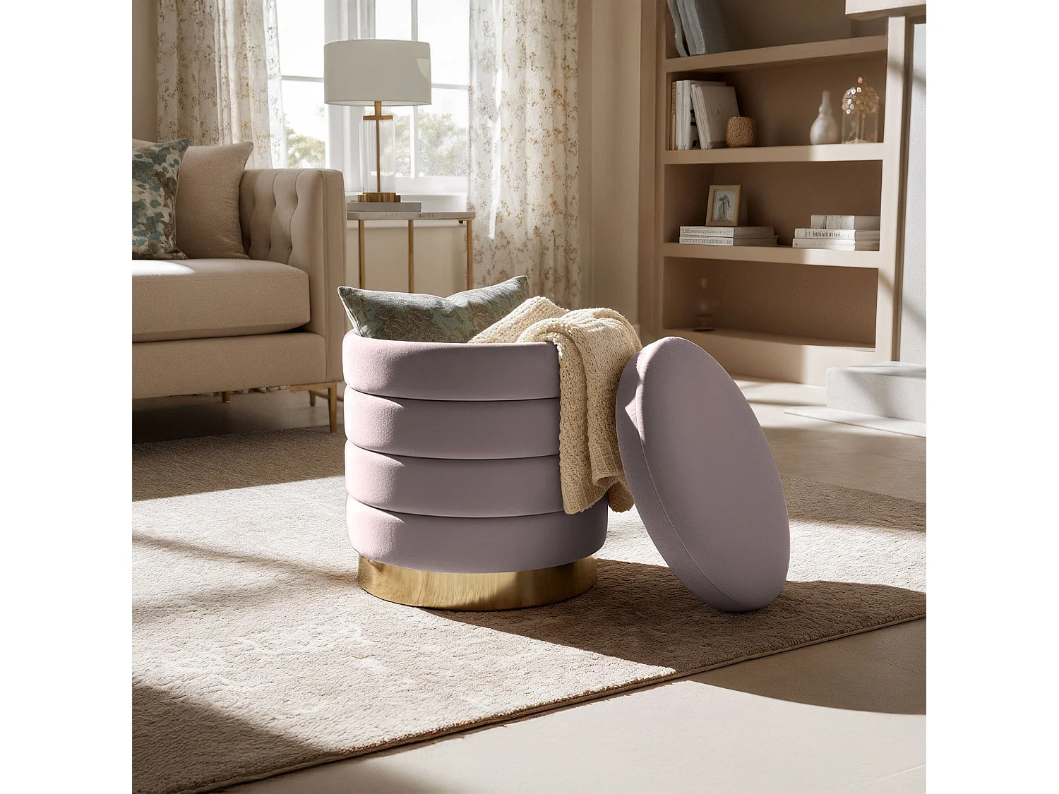 Tabouret rembourré en velours avec rangement 40 cm LUNA Rose Poudré