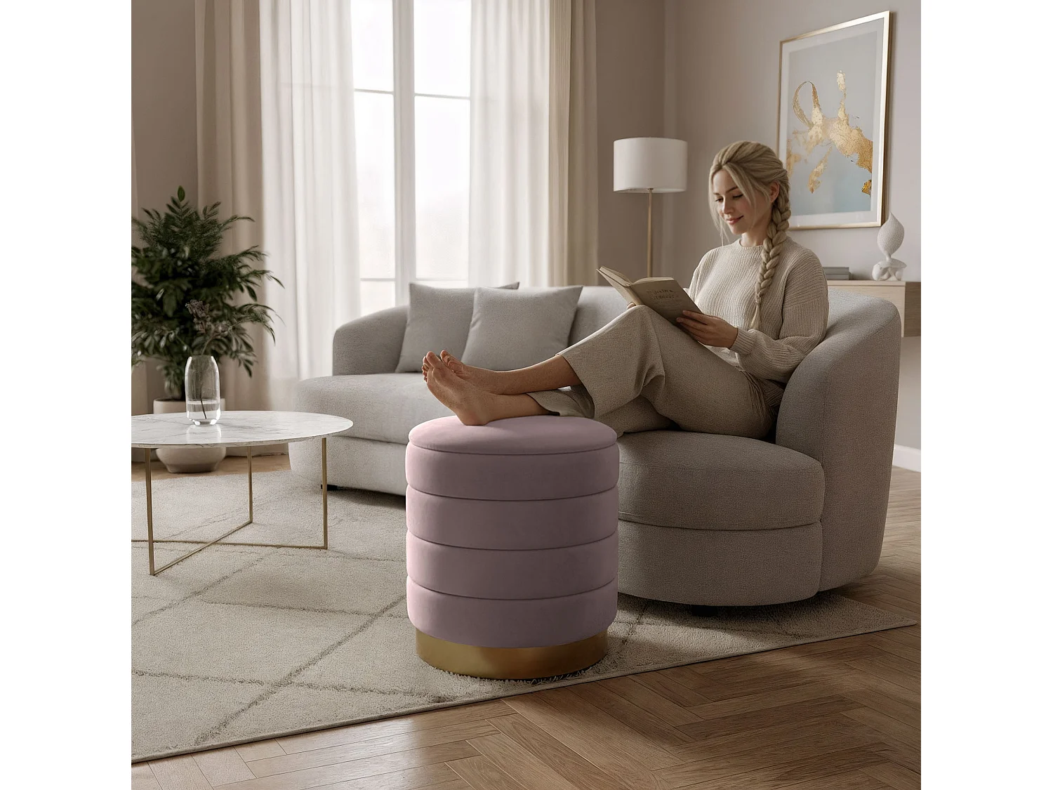 Tabouret rembourré en velours avec rangement 40 cm LUNA Rose Poudré