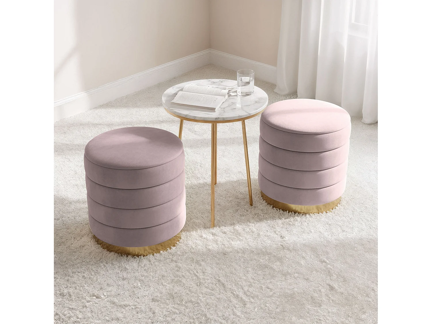 Tabouret rembourré en velours avec rangement 40 cm LUNA Rose Poudré