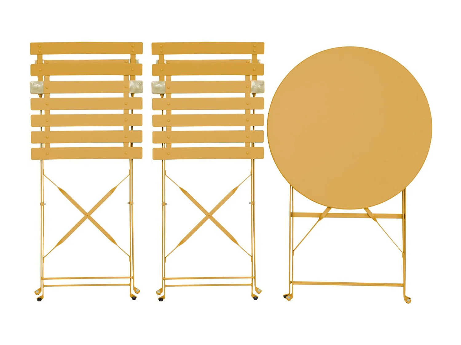Table de jardin bistrot pliante métal + 2 assises ocre Ø60 x 70cm. acier thermolaqué